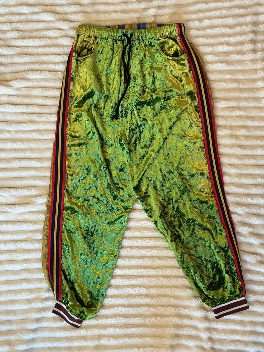 Gucci Green and Blue Velvet / Silk Adult Track Pants with Striped Side Panel